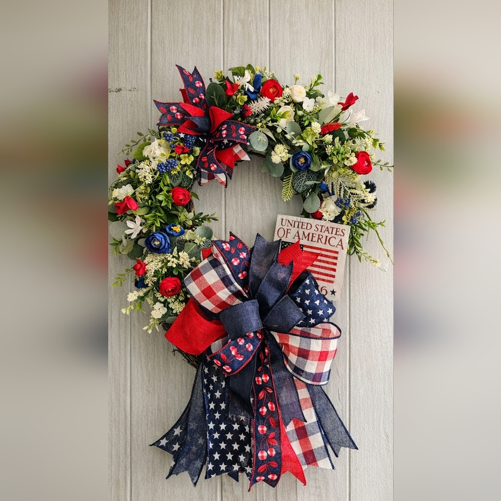 Patriotic Floral Wreath with Ranunculus Flowers